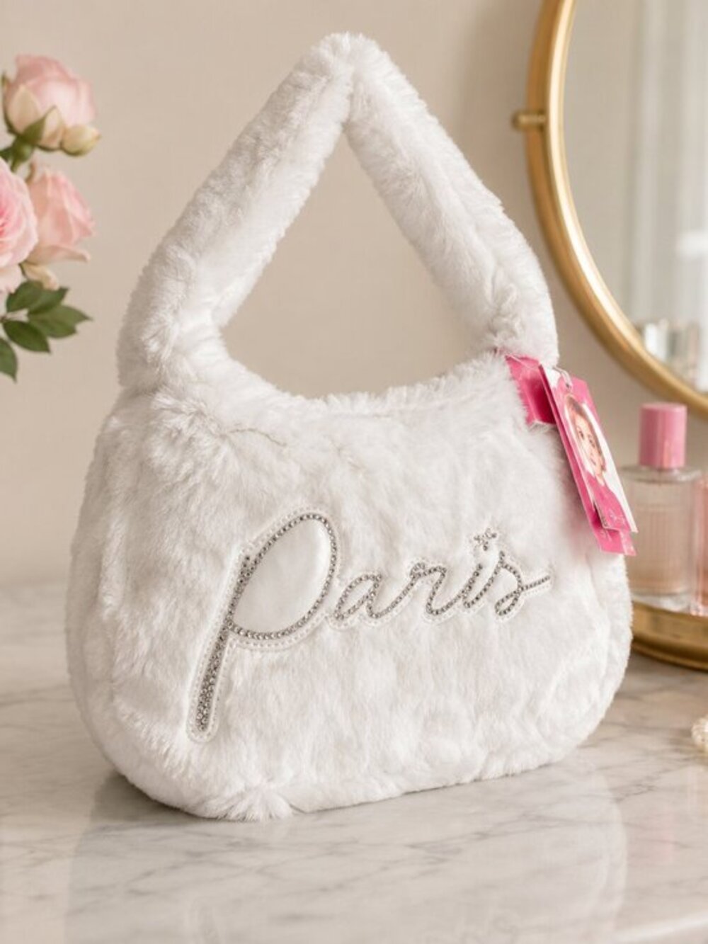 Paris Hilton White Faux Fur Rhinestone Logo Shoulder Bag Y2K NWT